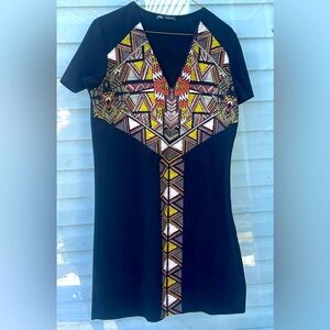 Zara Rubberized‎ Casual Dress Tribal Print Sz S Black